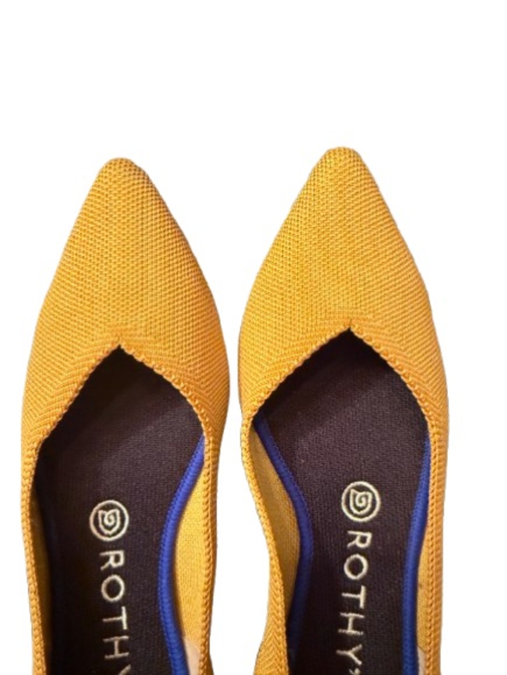 Rothy’s Pointed Flats Mustard Yellow Blue Trim Size 8.5 Sustainable Knit Comfort - Picture 2 of 8